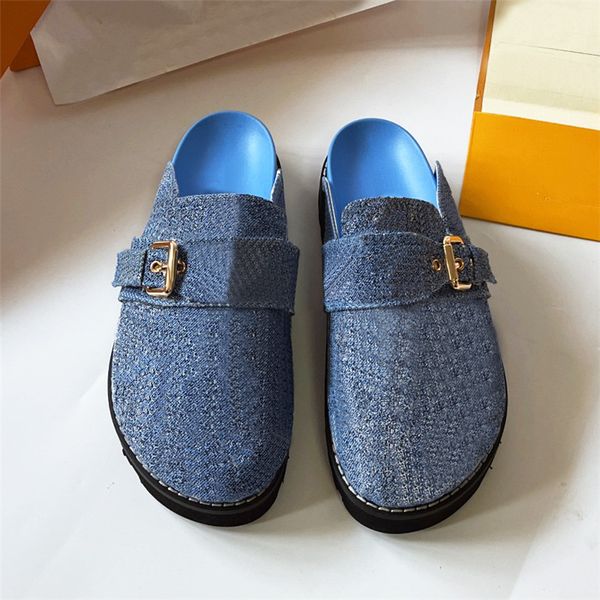 Clogs Denim Cosy Calfskin Maultiere Sandalen weiß schwarz grau Denim Brauner Leder Flachbrief Druckkomfort Sandalen Klassische Presbyopia Beach Designer