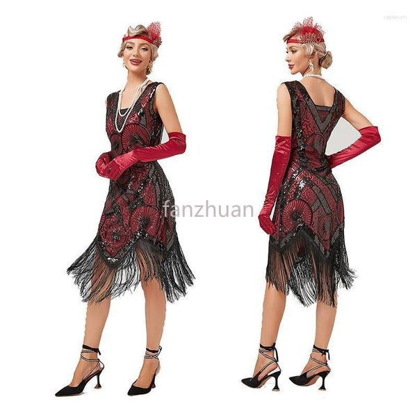 Sıradan Elbiseler 1920'ler Great Gatsby Party Fringe Elbise Kırmızı Kadın Sequin Boncuklu Art Deco Flepper V Yastık Kolsuz Nakış Midi