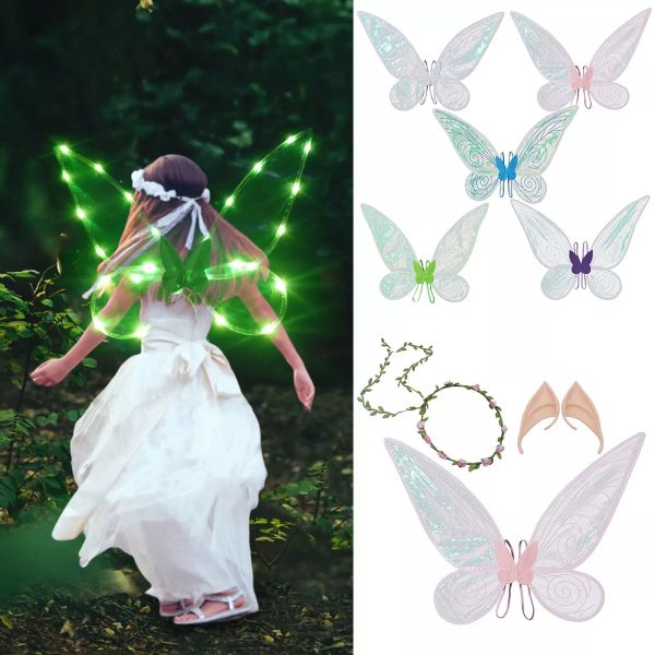 Fata Wings for Girls Halloween Costume Vestite ali scintillanti con lana a corona di fiori e orecchie da elfo fissate per bambini adulti