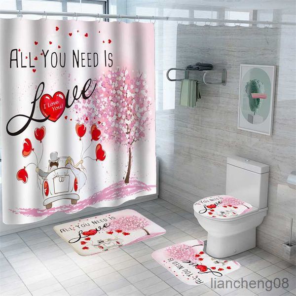 Tende da doccia Cartoon Stampa 3D Tenda da bagno Alberi d'amore Tappetino da bagno Set Auto Tende da doccia impermeabili Buon San Valentino Tappeti Decorazioni per la casa R230825