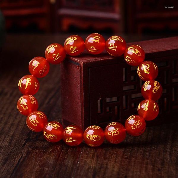 Strand natürlicher rotes Granatapfel Steinperlenarmband Tibetan Buddhist Sechs-Charakter-Mantra-Armbänder Yoga Meditation Schmuck Geschenke