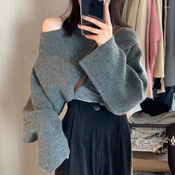 Kadın Sweaters Sıradan Kısa Örgü Sweater Kadınlar Gevşek Çarpışmalar-Çöp Dakilleri Sonbahar Batwing Sleeve Örgü Kadın O Boyun Örgü 28399