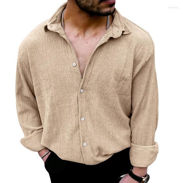 Camisas casuais masculinas amazon lindas quatro trespassados ​​Cardigan Cardigan Solid Lapeel de mangas compridas camisa