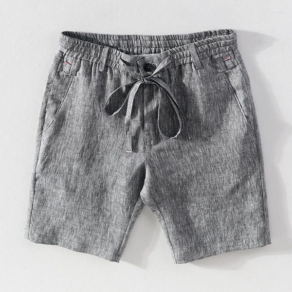 Short shorts linho verão para homens casuais sólidos cinzentos de fashion shorts masculino clássico rastro de cordão