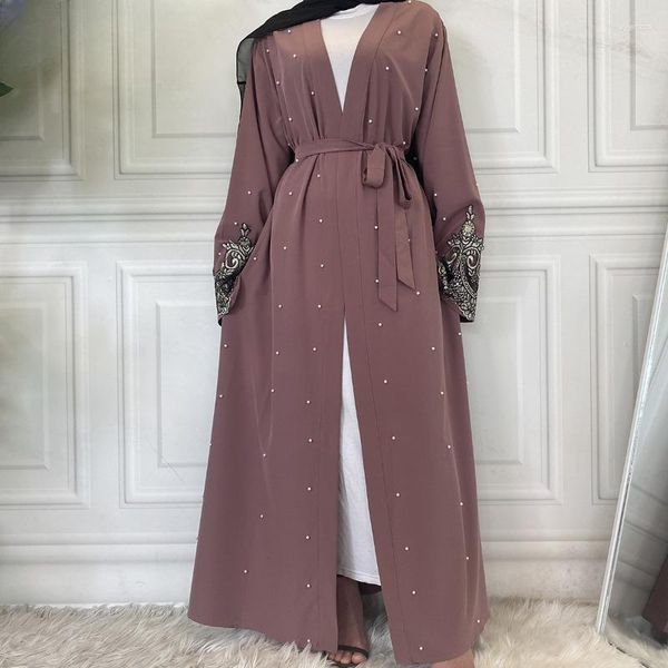 Этническая одежда открыта Abaya Женская одежда кружево с жемчугом дизайном мусульманской моды кимоно длинный кафтановый исламский дубай платья для