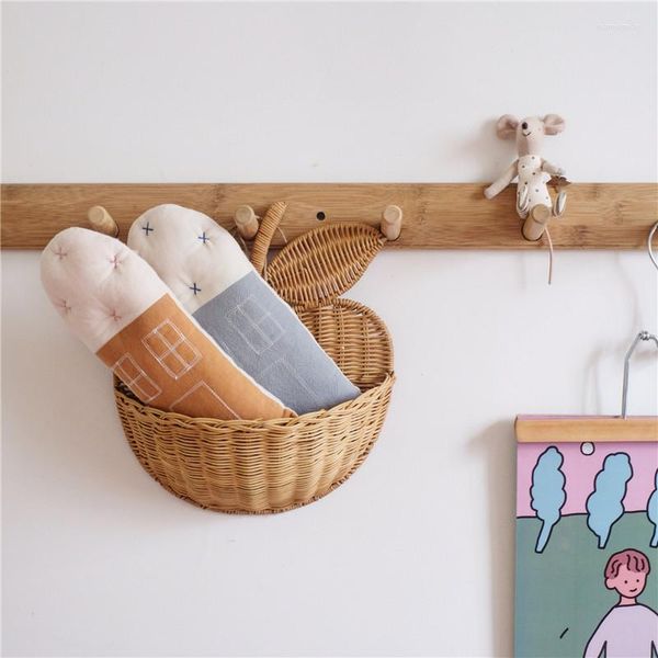 Depolama sepetleri İskandinav el yapımı rattan elma şekil sepet komik sevimli bebek oda dekor hasır organizatör düzleştirici ev duvar