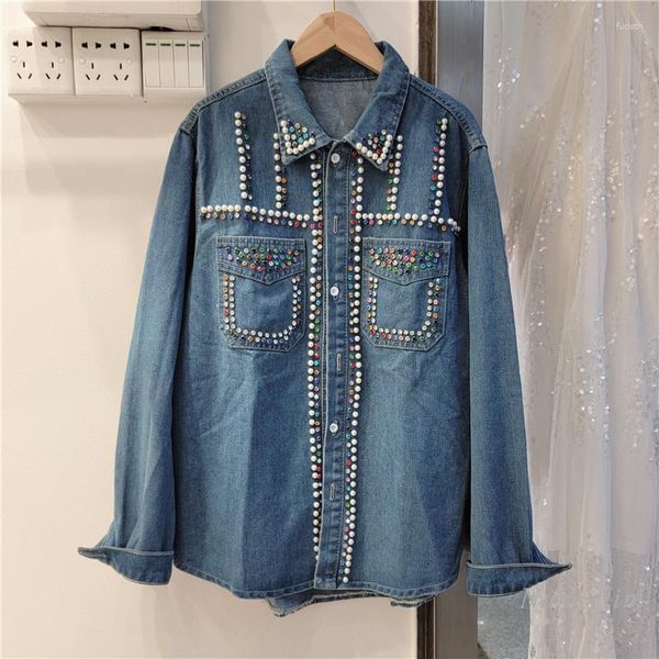 Frauenblusen mit farbenfrohen Strass -Perlen -Denim -Hemd Frau 2023 Autumn Top Fashion Casual Streen Langschläfe Drehkragen Bluse