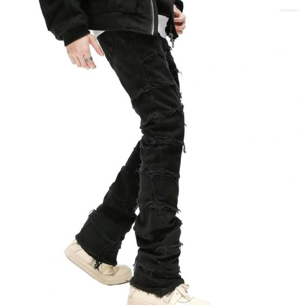 Herren Jeans Männer schwarze Hip Hop Streetwear Slim Fit zerrissenen Jeanshosen mit Burr Edge Feste Farbe gerade Bein