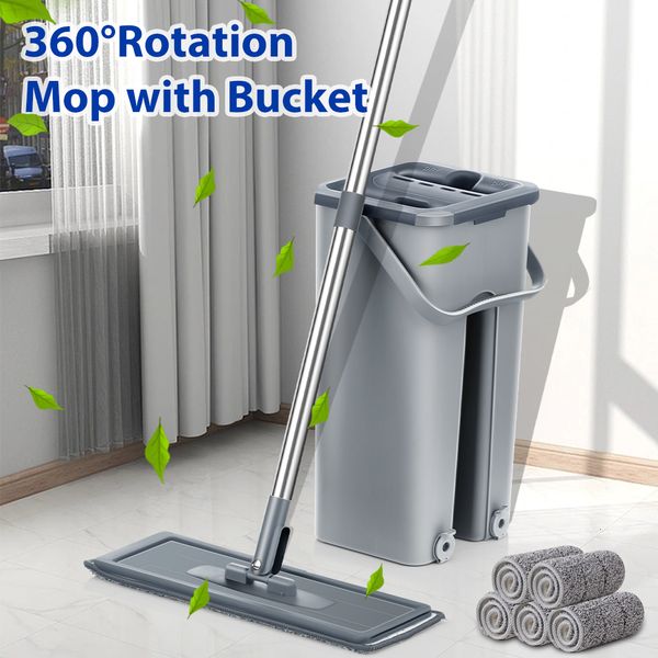 Mops handfreie Flachboden -Mopp und Eimer -Set für professionelles Hausbodenreinigungssystem mit waschbaren Mikrofasern für Hartholz 230818