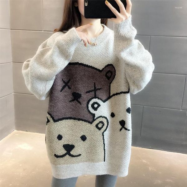 Camisolas femininas Cartoon Urso Sweater Autonn Winter Fashion Manga Longa de malha de malha