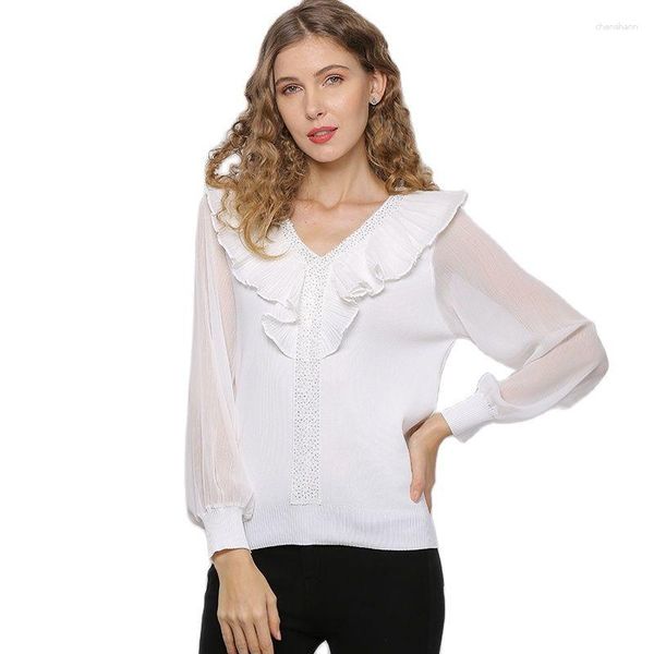 Kadın Sweaters Xikoi Kadınlar Seksi Vneck Şifon Bluz Beyaz Gömlek Bahar Kadın Uzun Kelebek Kolu Günlük Ofis Üstleri Boncuklar