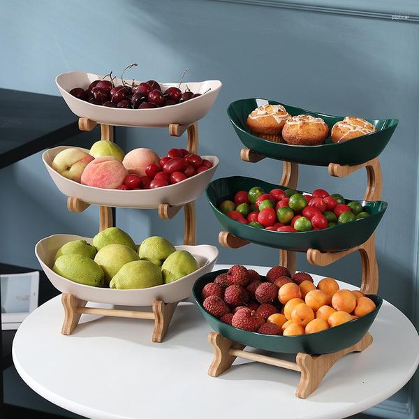 Teller 2/3 Ebenen Plastikfrucht mit ovalen Schalen Holzhalter für Party -Server -Display -Ständer Süßigkeitenschalen Regale