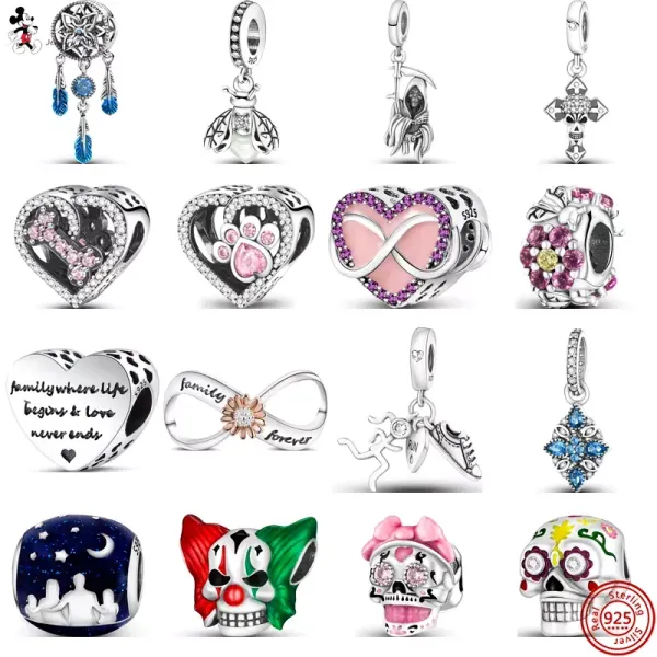 925 Silver Fit Pandora Charm 925 Браслет Череп Joker Joker Pear Paw Print Heart Flowers Forever Charms для Pandora Charm 925 Серебряные бусинки очарование