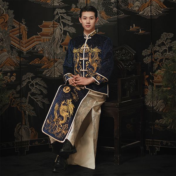 Свадебный котел -пиджак Восточного жениха + Мадки, синий, большой ханфу -костюм, вышитая вышитая платье для драконов для зарубежных китайцев