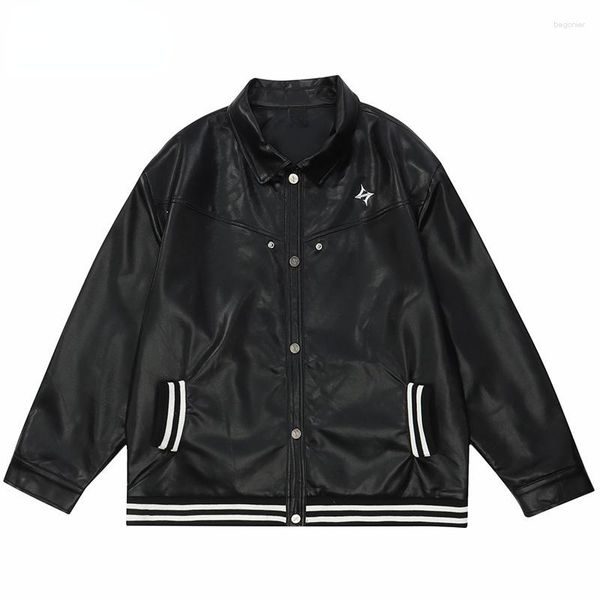 Giacche da uomo 2023 Streetwear Bomber Giacca da abbraccio da baseball PU Leather Varrsity Coat Men Harajuku Short Black