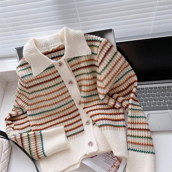 Maglioni femminili 2023 autunno e inverno leggero retrò a strisce colorate maglieria piccola camicetta per maglieria cardigan moda