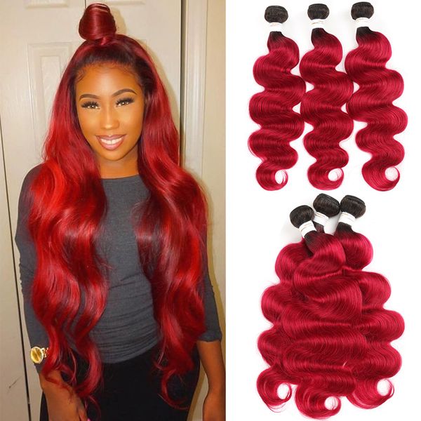 99J/бордовые человеческие волосы с пучком омбре красные бразильские волны для волос