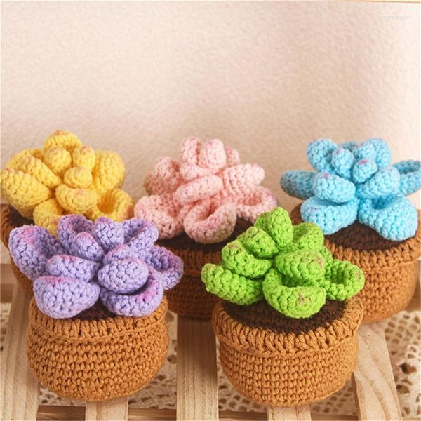 Dekorative Blumen Schöne künstliche Topf Mini Handgewebte Häkchen Sukkulente Pflanzen Strickkolben Pflanze Ornament Office Room Dekoration