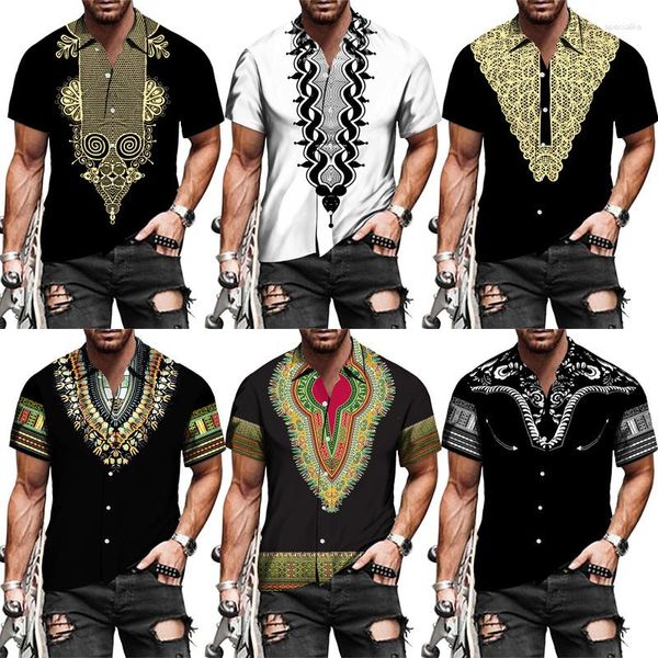 Camicie casual maschile africane dashiki stampare collare girare bottoni a manicotto corto tops hip hop etnic stile streetwear abiti 5xl 5xl