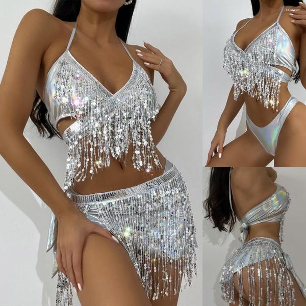 Kadın Mayo 3 PCS/Set Yaz Mayo Takım Çok Püskül Dantel Yukarı Yular Boyun Düşük kesim Yüzme Sırtsız Parlak Sequins Lady Bikini Set