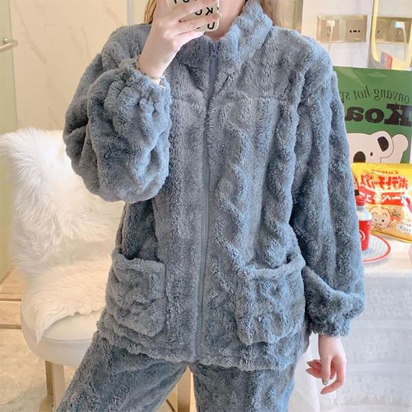 Frauen Nachtwäsche Frauen warm Koralle Fleece Pyjamas Sets für Winter 2023 Flanell Home Highe Collar Reißverschluss Tops Hosen 2pcs Nachthemd