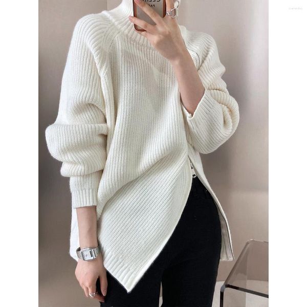 Maglioni femminili Turtleneck Zipper Design maglione oversize grigio bianco bianco alto a sesso autunno jumper 2023 Vendita