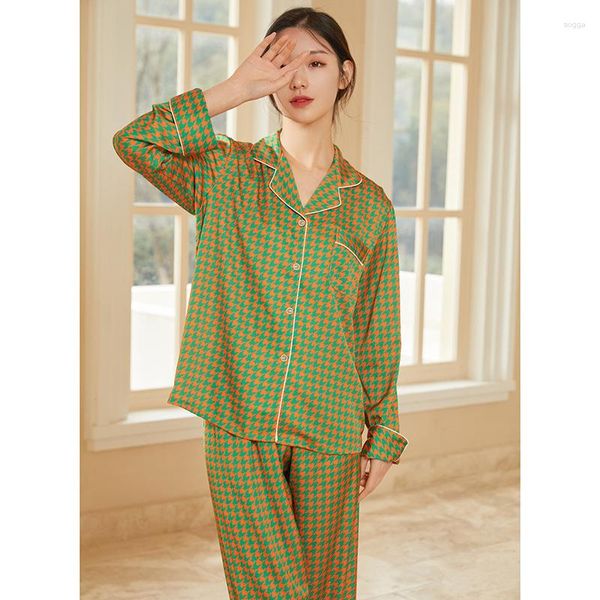 Damen Nachtwäsche 2PCS PJS Set Revers Langarm Hemd Hosen Frauen Pyjamas Anzug Hause Kleidung Frühling Hahnentritt Rayon Dessous