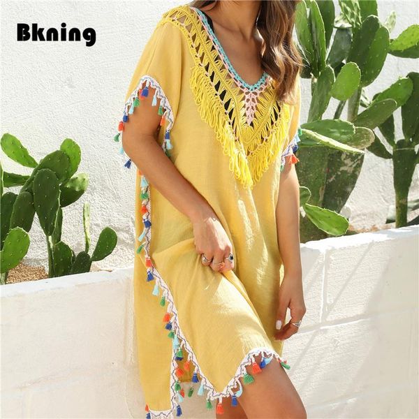 Copertina sulla spiaggia in copertina per le donne Swimwear Tunic Fringe Ups Swim Bikini Ladies Dress Yellow 2022 Vestido Playero Coverups Pareos