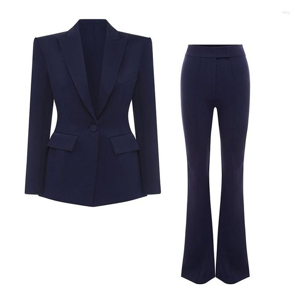 Frauen zweisteuelhafte Hosen Hosenanzüge Blazer Frauen Marine Blue Jacket Single Button Flare Sets Bürogeschäft Frauenanzug Outfits