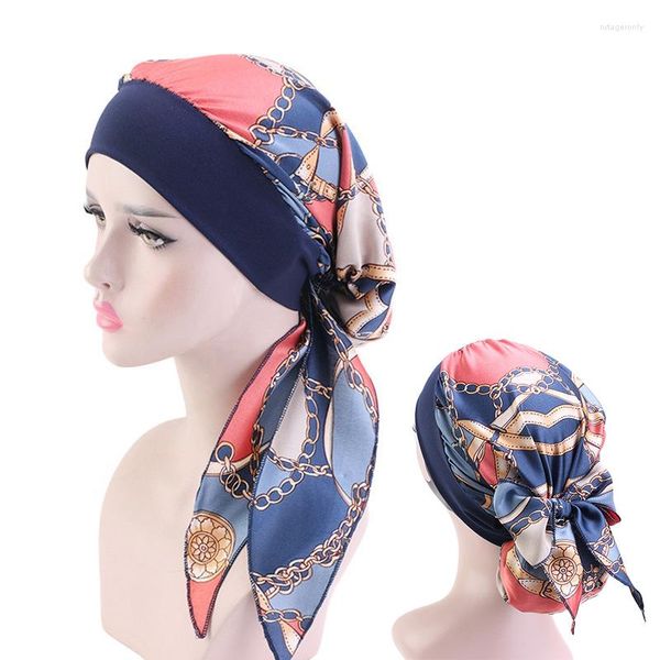 Этническая одежда wlp шелковая печатная цветочные женщины Внутренние хиджабс Кэпка Мусульманская голова головы шарф-шарф турбанский капот