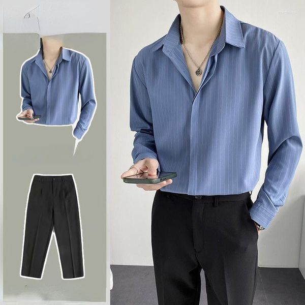Testros masculinos Spring e Summer Fashion Suit Men Man Leva Longa Camisas Casuais Pant listradas Pregas Slim Bandolas de duas peças D99