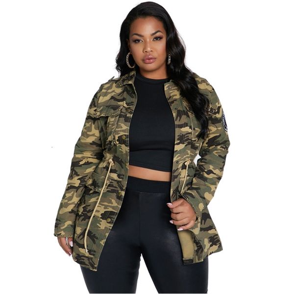 Frauen S Jackets Camouflage Frauen plus Größe 5xl Langarm Draw String Camo Military Outwear Mantel Nietstempel weiblich 230818
