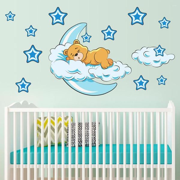 Wandaufkleber kreativer Cartoon Aufkleber Niedlicher Bär mit Wolken Mondstars DIY -Poster für Kinder Schlafzimmer Home Dekoration