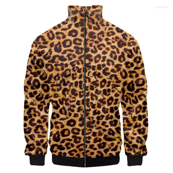 Jackets masculinos Ogkb leopard moda 3d stand colar capuz masculino gole de zíper com moleto esportivo de manga longa