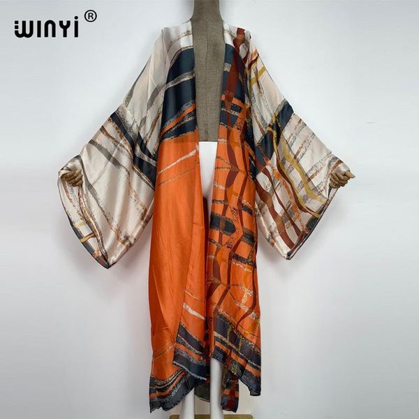 Прикрытие Winyi 2022 Boho Printed Long Kimono платье бикини обертывание шелковисты