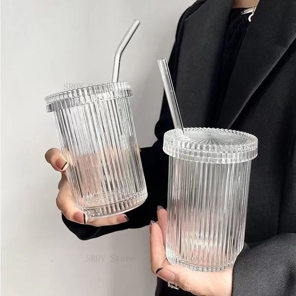 Bicchieri da vino 375 ml di vetro a strisce semplici con coperchio e paglia a bolla trasparente tè succo tazza per la colazione biice latte moka tazze 230818