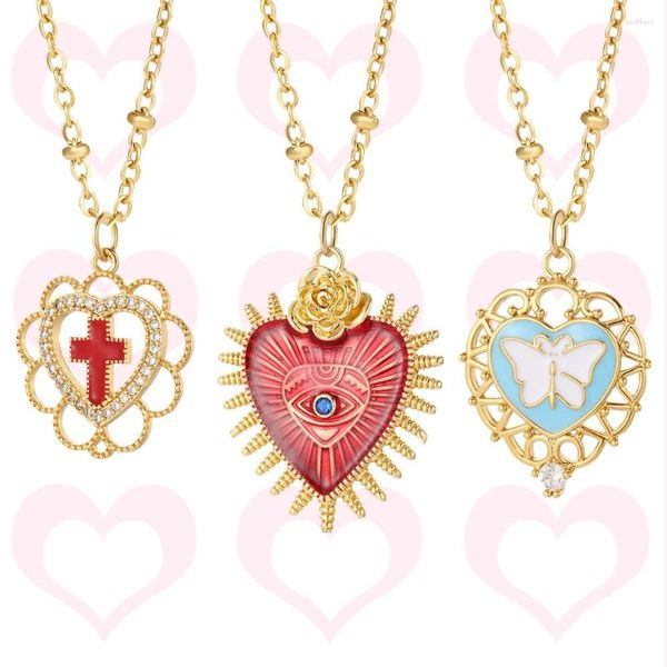 Anhänger Halsketten süße Herz Betterfly Cross Halskette für Frauen romantische Goldfarbe Kette Edelstahl Halshöhe Trendy Schmuck