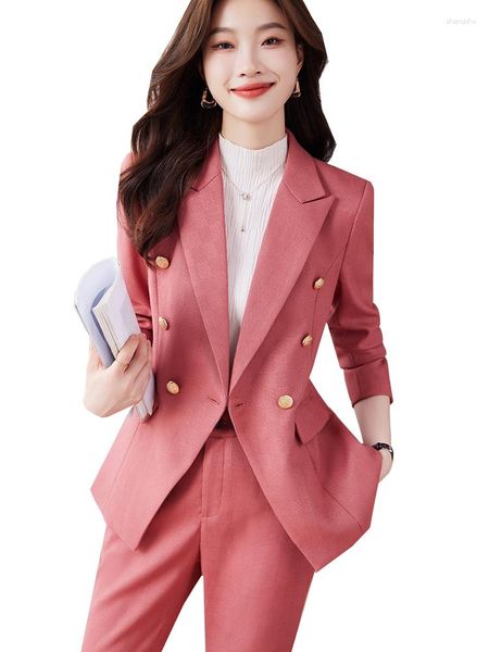 Damen zweisteuelhafte Hosen Frauen Pant Anzug Blazer Damen Pink Blue Black Black Button Dekoration Jacke und Hosen Frauenarbeit tragen formelle Arbeit