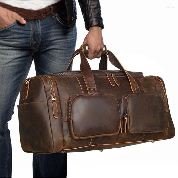 Reisetaschen Luufan extra große Männer Reisetasche echtes Leder 62 cm Länge Großer männliches Wochenendgepäck Schulterhandtasche
