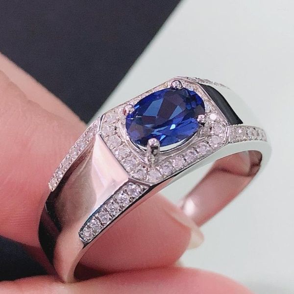 Кластерные кольца 18K Чистые украшения 1CT Овальный срезанный сапфировый синий бриллиант мужское кольцо Сплошное 750 Белое золото 205