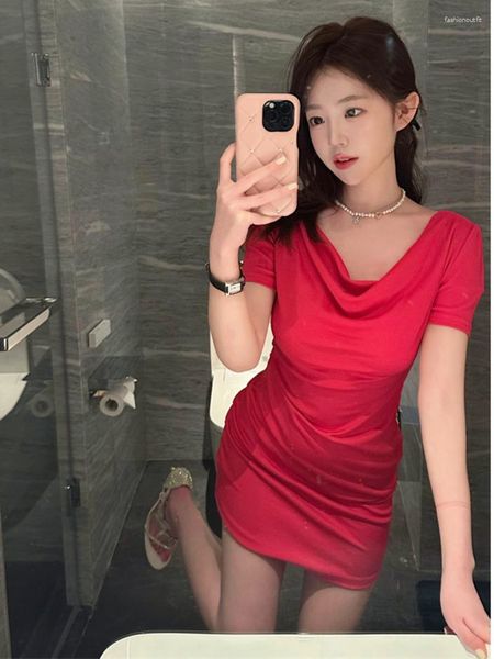 Повседневные платья Womengaga Лето сплошные сварные рукавы топы воротнички красное тонкое мини -платье Элегантная девушка сексуальные корейские женщины 6p0