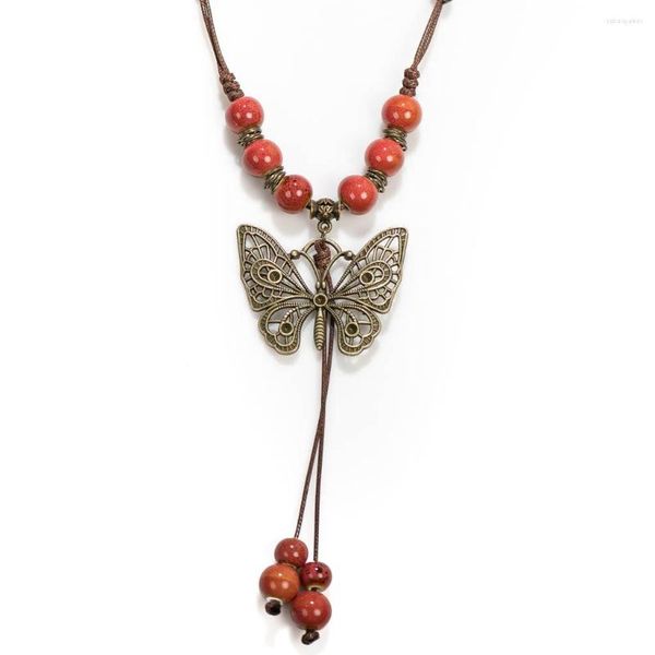 Colares pendentes Bohemian Vintage Butterfly Colar Beds Cerâmica Drop Ajustável DIY Presente Handmado XPF001