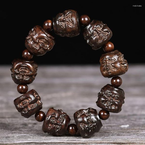 Strang zu gutem Handwerk Leder schwarzes Holz grau geschnitzte Kopfperlen Pixiu Handschnur 18 Arhats Buddha Armband