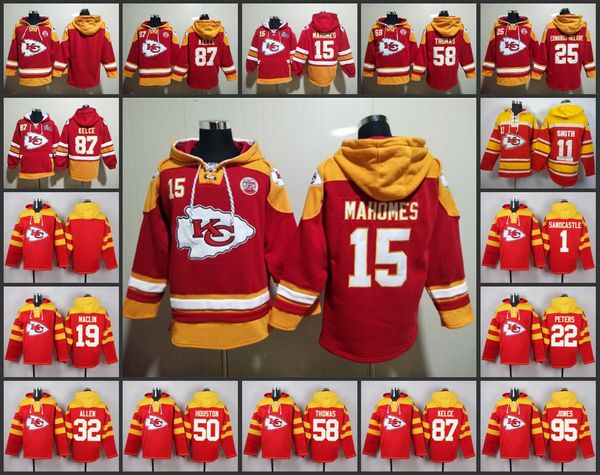 Kansas''City''Chiefs''Men 58 Derrick Thomas 15 Patrick Mahomes 87 Travis Kelce Moletom com capuz vermelho personalizado com cadarço