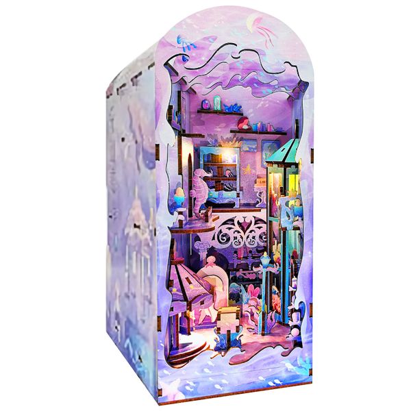 Objetos decorativos Figuras DIY Book Nook Kit 3D Puzzim de madeira Decoração de inserção de estante de boneca LED Modelo de boneca em miniatura criativa 230818