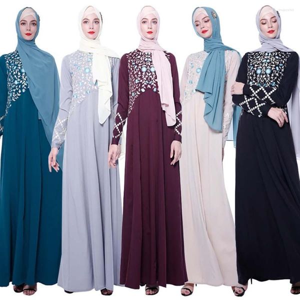 Этническая одежда женская красивая цветочная вышивка абая платье с длинным рукавом круглая шея a-line maxi mussi muslim row plus размер