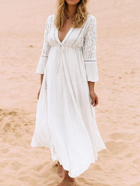 Bademode, weißes Bohemian-Kleid, weißes Rayon-Strand-Cover-Up, lange Ärmel, V-Ausschnitt, Maix-Kleid, Spitze, Strand-Pareos, Robe de Plage, Badeanzug-Coverup