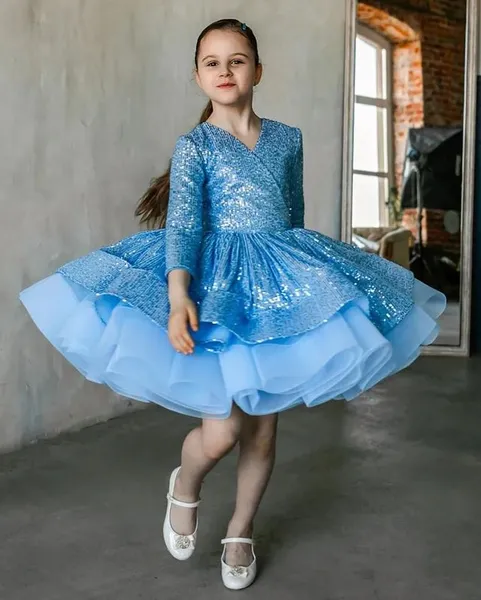 2023 Blue Lace Flower Girl Dresses Vestio de bola Vestido de joelho Vestido Vintage Girl Girl Girl Dress Vestidos ZJ415