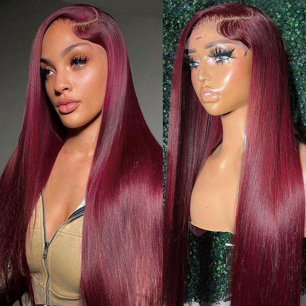 220% Borgonha 13x4 HD Transparente renda frontal Human Human Wigs 99J Peruca frontal de renda reta para mulheres HD Lace Front Wigs Remy