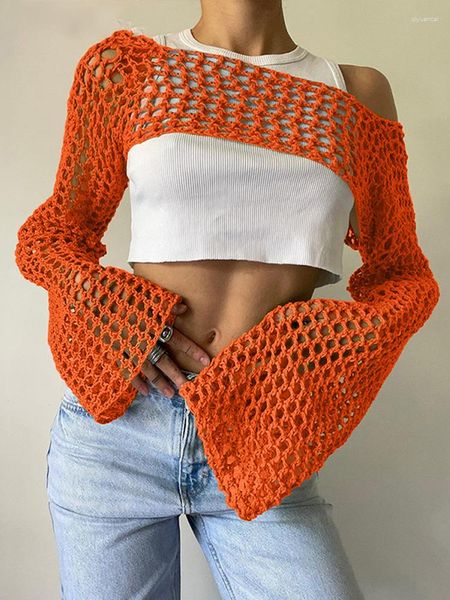 Женские свитера Сексуальные рыбные сетощиба Hollow Out Crochet Top Top Women 2023 Summer Slash Neck Gear